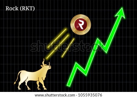 Gold bull, throwing up Rock (RKT) cryptocurrency golden coin up the trend. Bullish Rock (RKT) chart