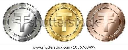 Gold, silver and bronze Tether (USDT) cryptocurrency coin. Tether (USDT) coin set.