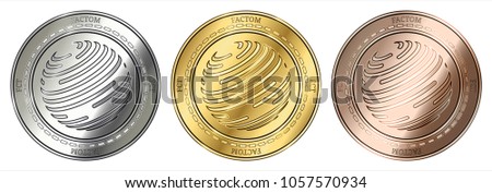 Gold, silver and bronze Factom (FCT) cryptocurrency coin. Factom (FCT) coin set.