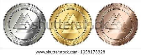 Gold, silver and bronze Trinity Network Credit (TNC) cryptocurrency coin. Trinity Network Credit (TNC) coin set.