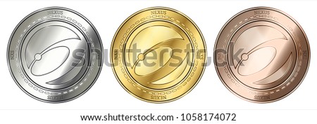 Gold, silver and bronze Nexus (NXS) cryptocurrency coin. Nexus (NXS) coin set.