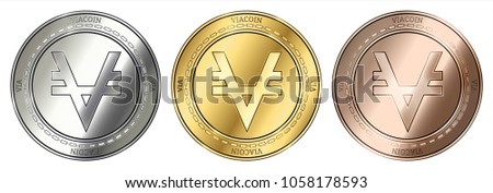 Gold, silver and bronze Viacoin (VIA) cryptocurrency coin. Viacoin (VIA) coin set.