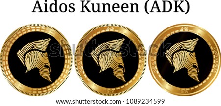 Set of physical golden coin Aidos Kuneen (ADK), digital cryptocurrency. Aidos Kuneen (ADK) icon set. Vector illustration isolated on white background.