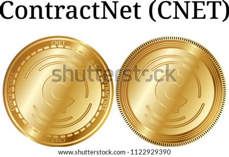 Set of physical golden coin ContractNet (CNET), digital cryptocurrency.  icon set. Vector illustration isolated on white background.