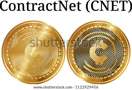Set of physical golden coin ContractNet (CNET), digital cryptocurrency.  icon set. Vector illustration isolated on white background.