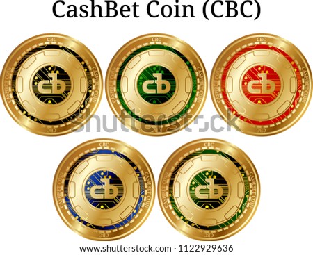 Set of physical golden coin CashBet Coin (CBC), digital cryptocurrency.  icon set. Vector illustration isolated on white background.