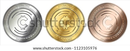 Gold, silver and bronze ContractNet (CNET) cryptocurrency coin. ContractNet (CNET) coin set.
