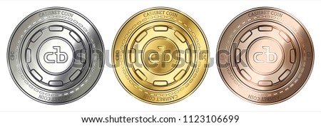 Gold, silver and bronze CashBet Coin (CBC) cryptocurrency coin. CashBet Coin (CBC) coin set.