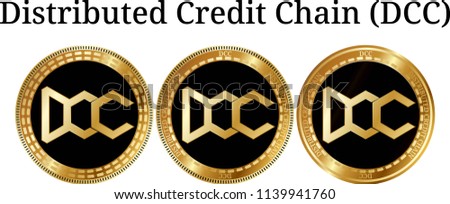 Set of physical golden coin Distributed Credit Chain (DCC), digital cryptocurrency.  icon set. Vector illustration isolated on white background.