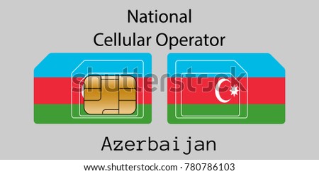 Vector image of both sides of a sim card with lines for its division into micro and mini sim cards, plotted on it image of the flag of Azerbaijan and text 