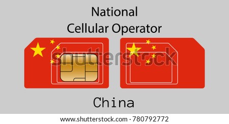 Vector image of both sides of a sim card with lines for its division into micro and mini sim cards, plotted on it image of the flag of China and text 