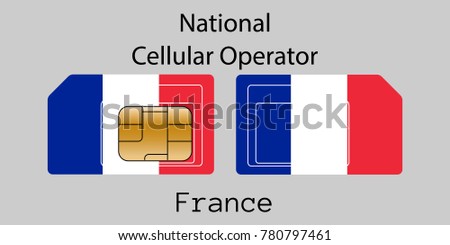 Vector image of both sides of a sim card with lines for its division into micro and mini sim cards, plotted on it image of the flag of France and text 