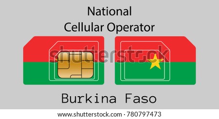 Vector image of both sides of a sim card with lines for its division into micro and mini sim cards, plotted on it image of the flag of Burkina Faso and text 