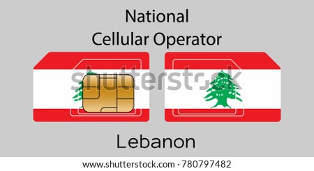 Vector image of both sides of a sim card with lines for its division into micro and mini sim cards, plotted on it image of the flag of Lebanon and text 