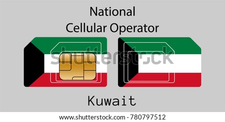 Vector image of both sides of a sim card with lines for its division into micro and mini sim cards, plotted on it image of the flag of Kuwait and text 