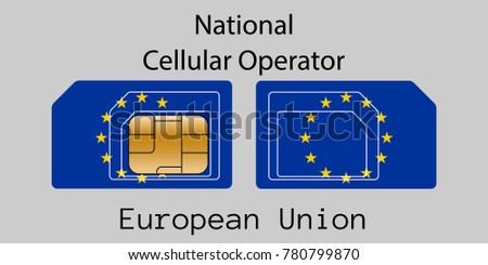 Vector image of both sides of a sim card with lines for its division into micro and mini sim cards, plotted on it image of the flag of European Union and text 