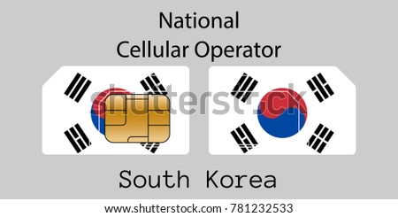 Vector image of both sides of a sim card with lines for its division into micro and mini sim cards, plotted on it image of the flag of South Korea and text 