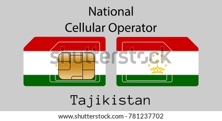 Vector image of both sides of a sim card with lines for its division into micro and mini sim cards, plotted on it image of the flag of Tajikistan and text 