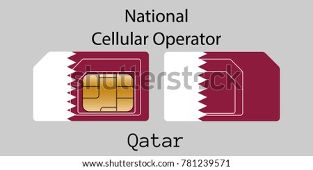 Vector image of both sides of a sim card with lines for its division into micro and mini sim cards, plotted on it image of the flag of Qatar and text 