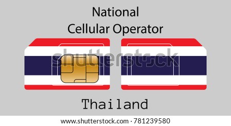 Vector image of both sides of a sim card with lines for its division into micro and mini sim cards, plotted on it image of the flag of Thailand and text 