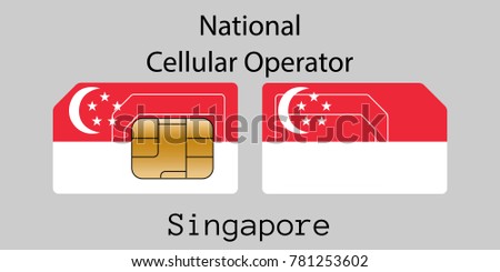 Vector image of both sides of a sim card with lines for its division into micro and mini sim cards, plotted on it image of the flag of Singapore and text 