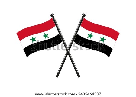 national flags of  Syrian Arab Republic crossed on the sticks in the original colours and proportions