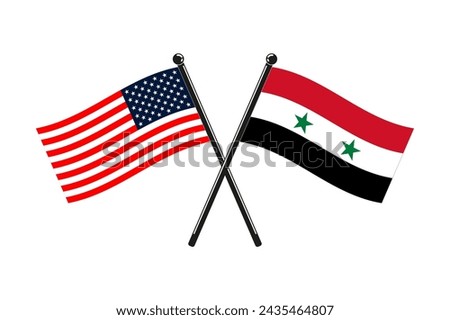 national flags of Syrian Arab Republic and Usa crossed on the sticks in the original colours