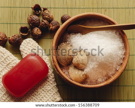 Spa supplies. Sea salt, loofah and soap  in a zen spa atmosphere.