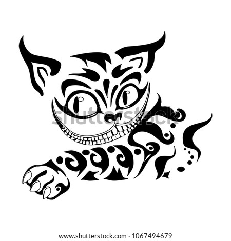 Cheshire cat smile and big paw, black outline on white background