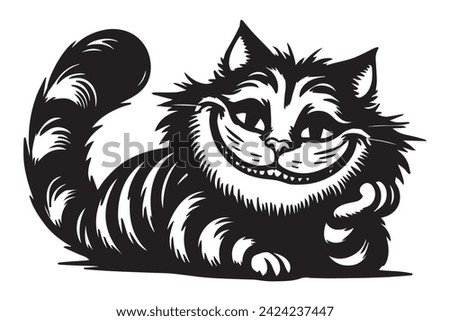 Cheshire cat with a wide smile vector drawing, black silhouette on a transparent background, cartoon print for stencil