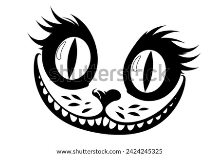 Cheshire cat with big eyes and a wide smile, cartoon print vector drawing