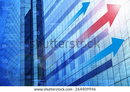 Red arrow head with financial chart and graphs on tower city background