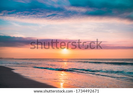 Image, Stock Photo Sunset sky over wavy sea with floating boats