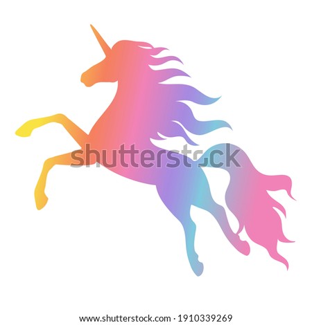 Silhouette of a flying, jumping unicorn. Rainbow silhouette isolated on white background.Element for creating design and decoration.
