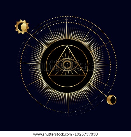 All-seeing eye in a triangle with sun and moon. Symbol of religion, spirituality, occultism. Vector illustration isolated on a dark background. Occult icon.