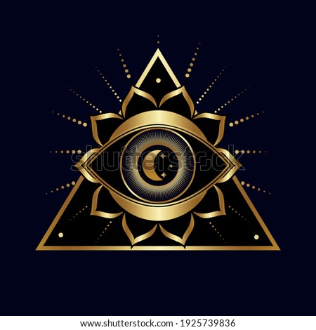 All-seeing eye. Symbol of religion, spirituality, occultism. Vector illustration isolated on a dark background. Surveillance icon.