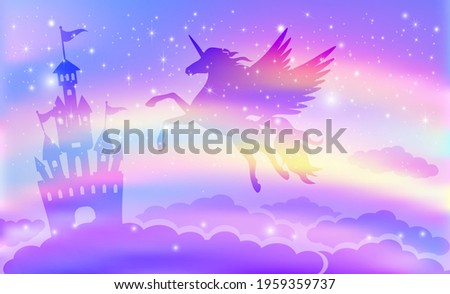 Fantasy background of a magic castle with flying unicorn, rainbow and sparkling stars. Vector illustration for children.