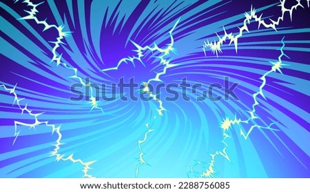 Dark blue background with lightning bolts and a funnel in space. Vector image in manga and anime style.