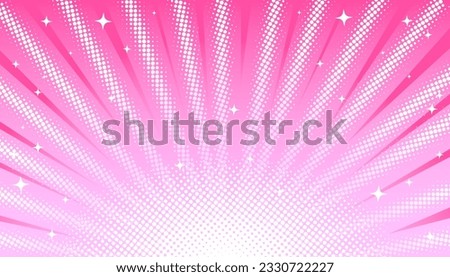 Pink pastel light rays background with halftone effect and stars in manga, comics style. Vector image of stage lights and spotlights, concert, holiday, surprise.