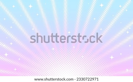 Pink-blue pastel light rays background with halftone effect and stars in manga, comics style. Vector image of stage lights and spotlights, concert, holiday, surprise.