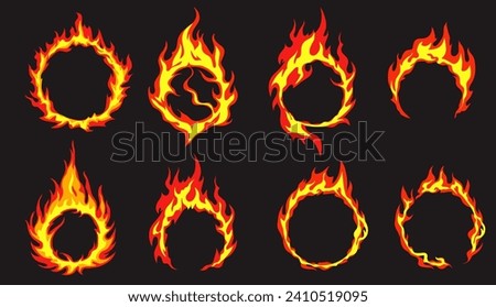 Set cartoon fire flame rings on a black background. The fire burns in the shape of a circle. Fire gate, obstacle, sign, circus act.
 Cartoon fire flame. Vector image.