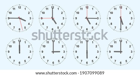clock with different times. Vector illustration. Clock vector icons. Clock icon isolated.