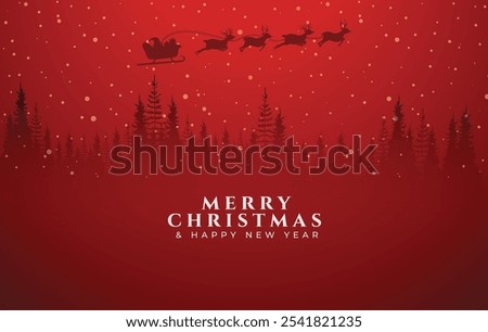 Santa Claus flies on Christmas Eve in the night sky with snow in red background