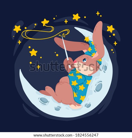 Rabbit magician with magic wand make stars on the sky lying down on the moon. Bunny wizard in witch hat sit on the crescent. Vector children illustration for kids books, nursery poster and clothes.