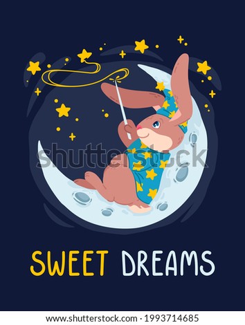 Rabbit magician with magic wand make stars on the sky lying down on the moon. Bunny wizard in witch hat sit on the crescent. Vector children illustration nursery poster and clothes. Sweet dreams.