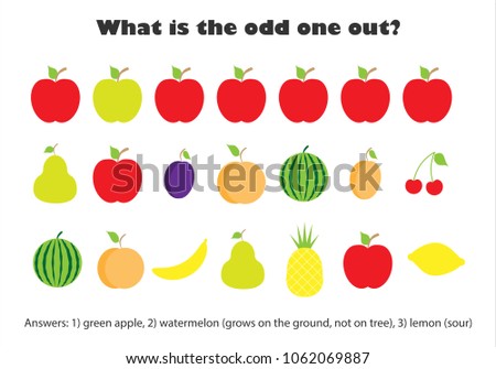 What is the odd one out for children, fruit in cartoon style, fun education game for kids, preschool worksheet activity, task for the development of logical thinking, vector illustration