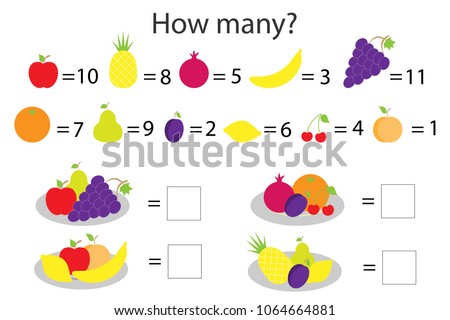 How many counting game with different fruit for kids, educational maths task for the development of logical thinking, preschool worksheet activity, count  and write the result, vector illustration