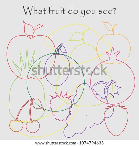 Find hidden objects on the picture, fruit theme, mishmash contour set, fun education game for kids, preschool activity for children, vector illustration