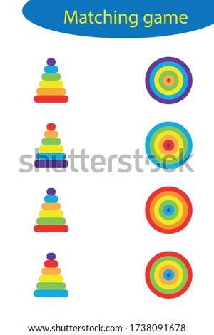 Matching game for children, connect colorful pyramids with right top view, preschool worksheet activity for kids, task for the development of logical thinking, vector illustration