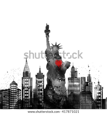 Silhouette New york city , Statue of Liberty .Watercolor.